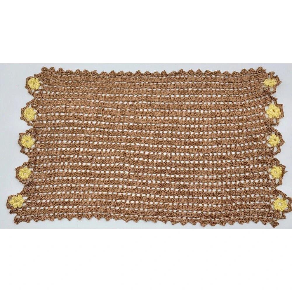 Rectangular Brown Crochet Cotton Doily Yellow Flowers Cottagecore Grannycore